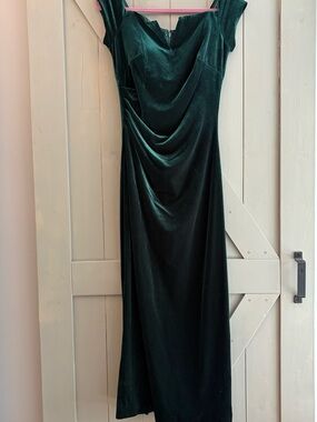 xscape green velvet dress XSCAPE Velvet Off the Shoulder High Low Mid A-Line Cocktail Dress Green Size 6